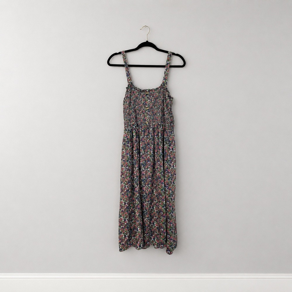 Liberty Love Floral Smocked Midi Dress XL Pink Purple Green Boho Sun Dress